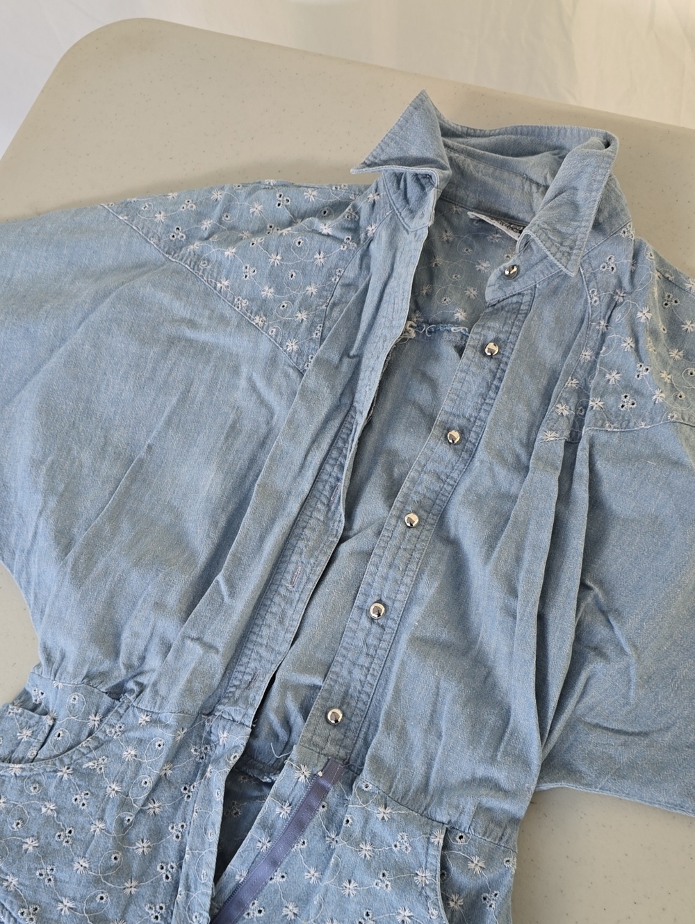 Vintage Light Blue Denim Maxi Dress with Embroidered Detail